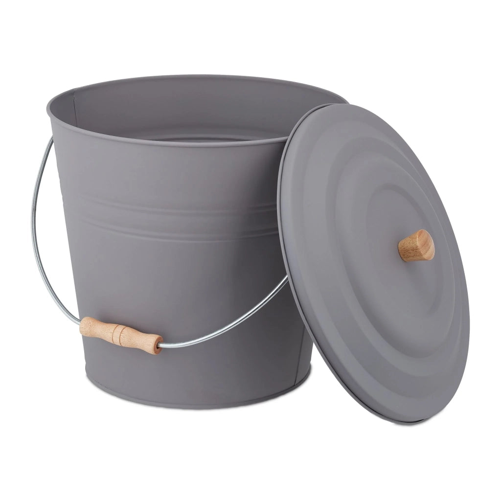 Secchio per ceneri tondo con coperchio 30 x 25 cm facilita pulizia camino barbecue stile moderno in lamiera grigia 13_0011400