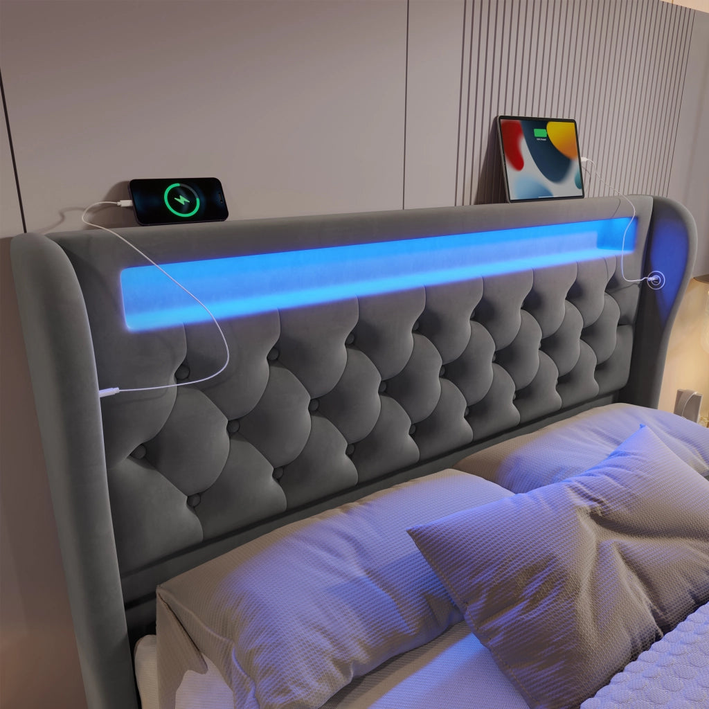 Letto imbottito matrimoniale 140x200 cm in velluto grigio con LED, presa USB e Tipo C, contenitore idraulico, materasso incluso