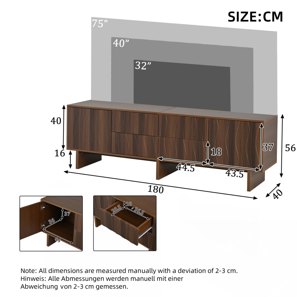 Mobile porta TV con 4 cassetti e 2 ante, design ondulato, per soggiorno, in truciolato, noce scuro, 180 × 40 × 56 cm