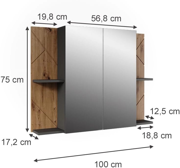 Armadio a specchio per il bagno Irma, Antracite/Artisan, 100 x 75 cm con 2 porte, con specchio e ripiani regolabili