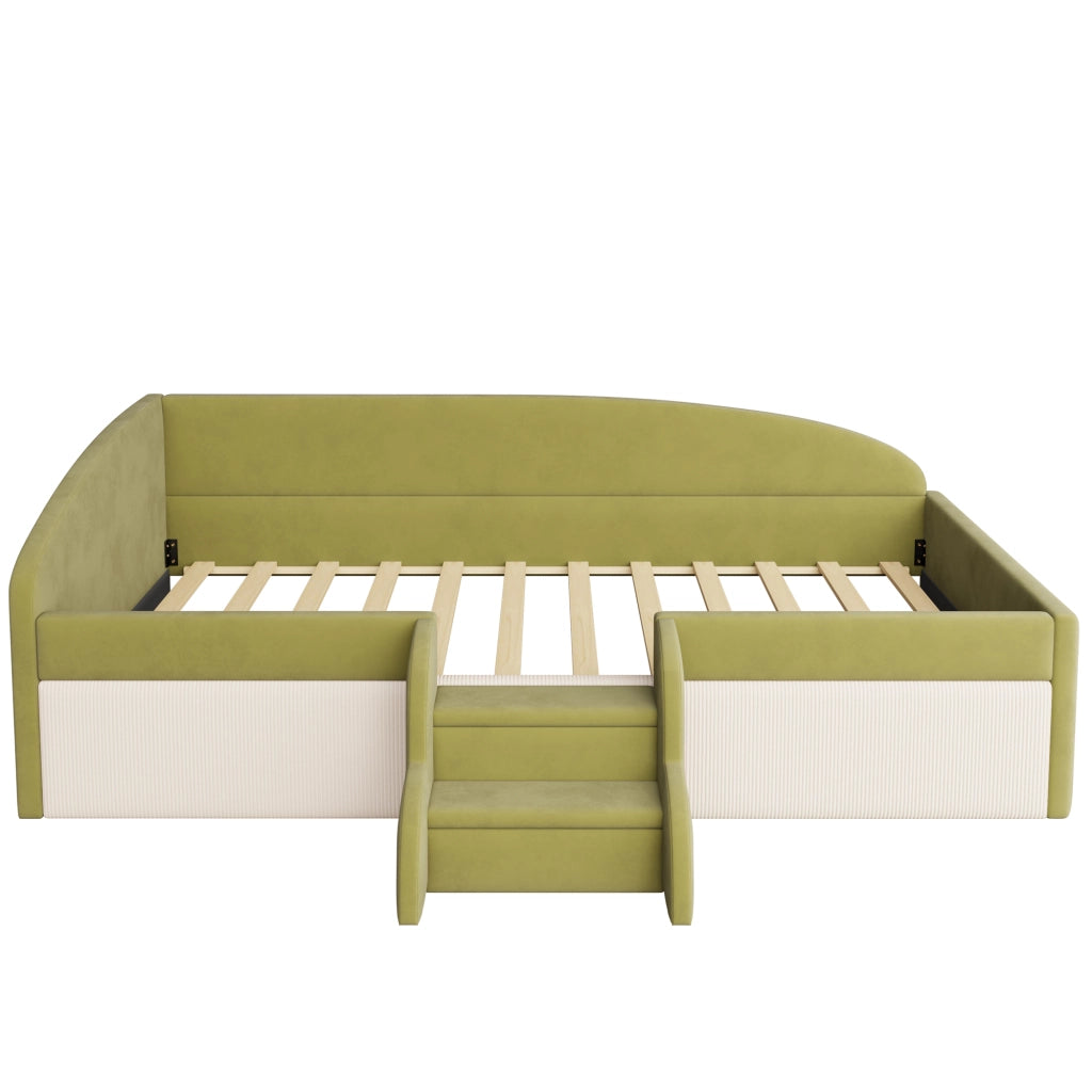 Letto per bambini 90 × 190 cm con sponde di sicurezza e gradini antiscivolo, senza materasso, in velluto, verde