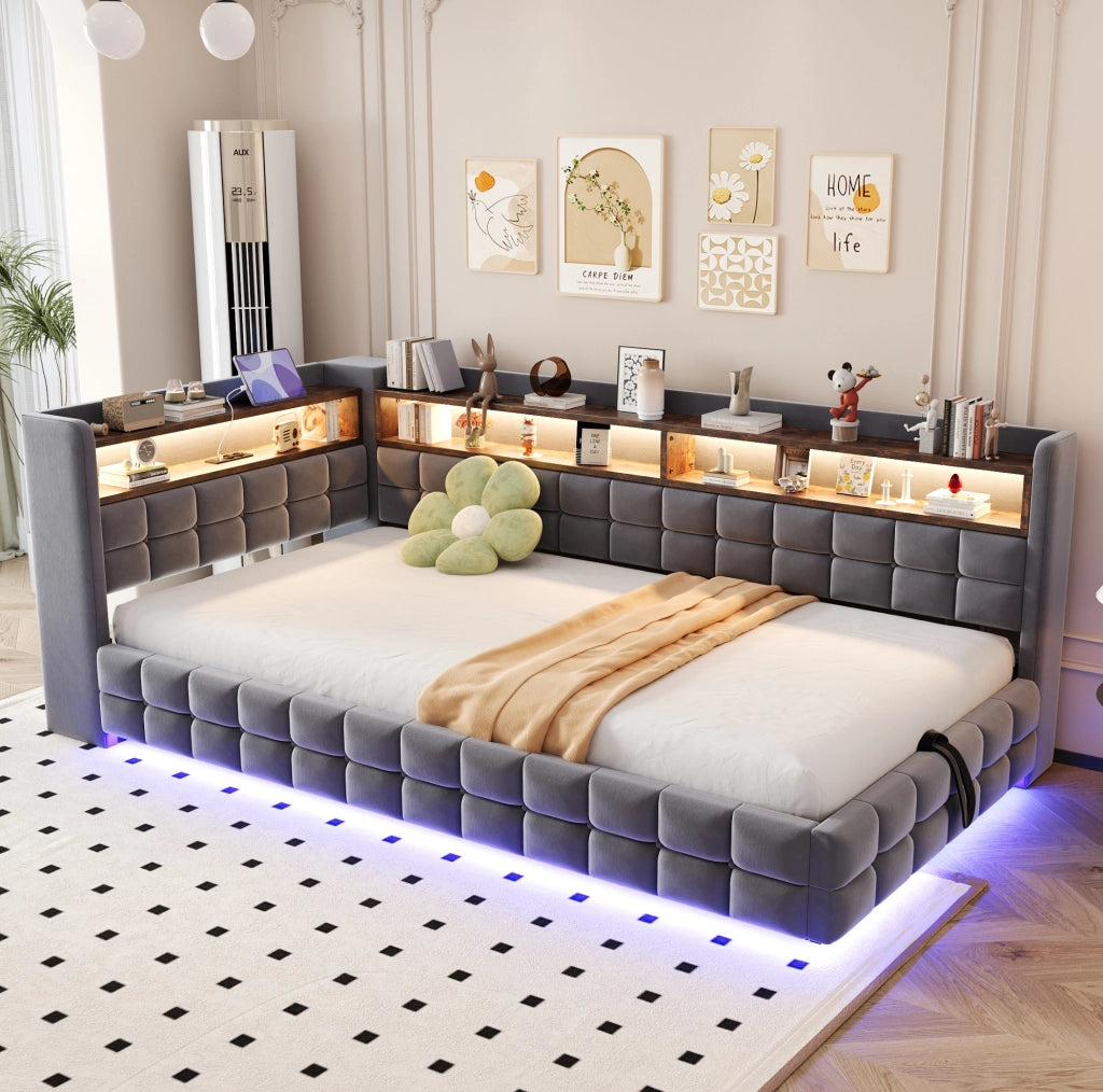 Divano letto imbottito 90x200 cm grigio con LED e ricarica USB