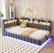 Divano letto imbottito 90x200 cm grigio con LED e ricarica USB