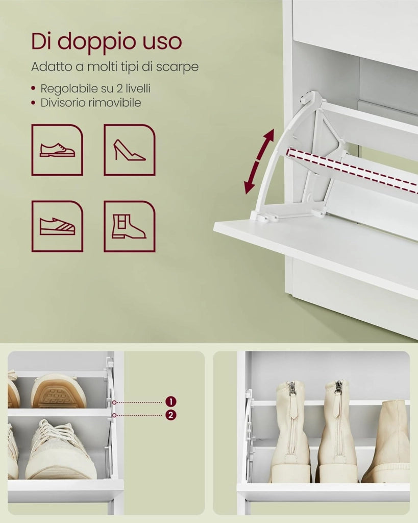 VASAGLE Scarpiera a 3 Ante a Ribalto, Scaffale Portascarpe, Scomparto Aperto, Divisorio Regolabile, 14-18 Paia, per Piccoli Ingressi, 24 x 60 x 139 cm, Bianco Nuvola LBC046W01