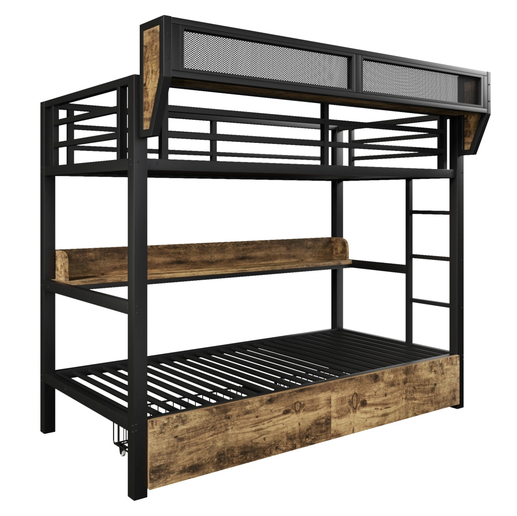 Letto a castello 204x113x176.5 cm con LED integrato; 2 cassetti e struttura in metallo; nero