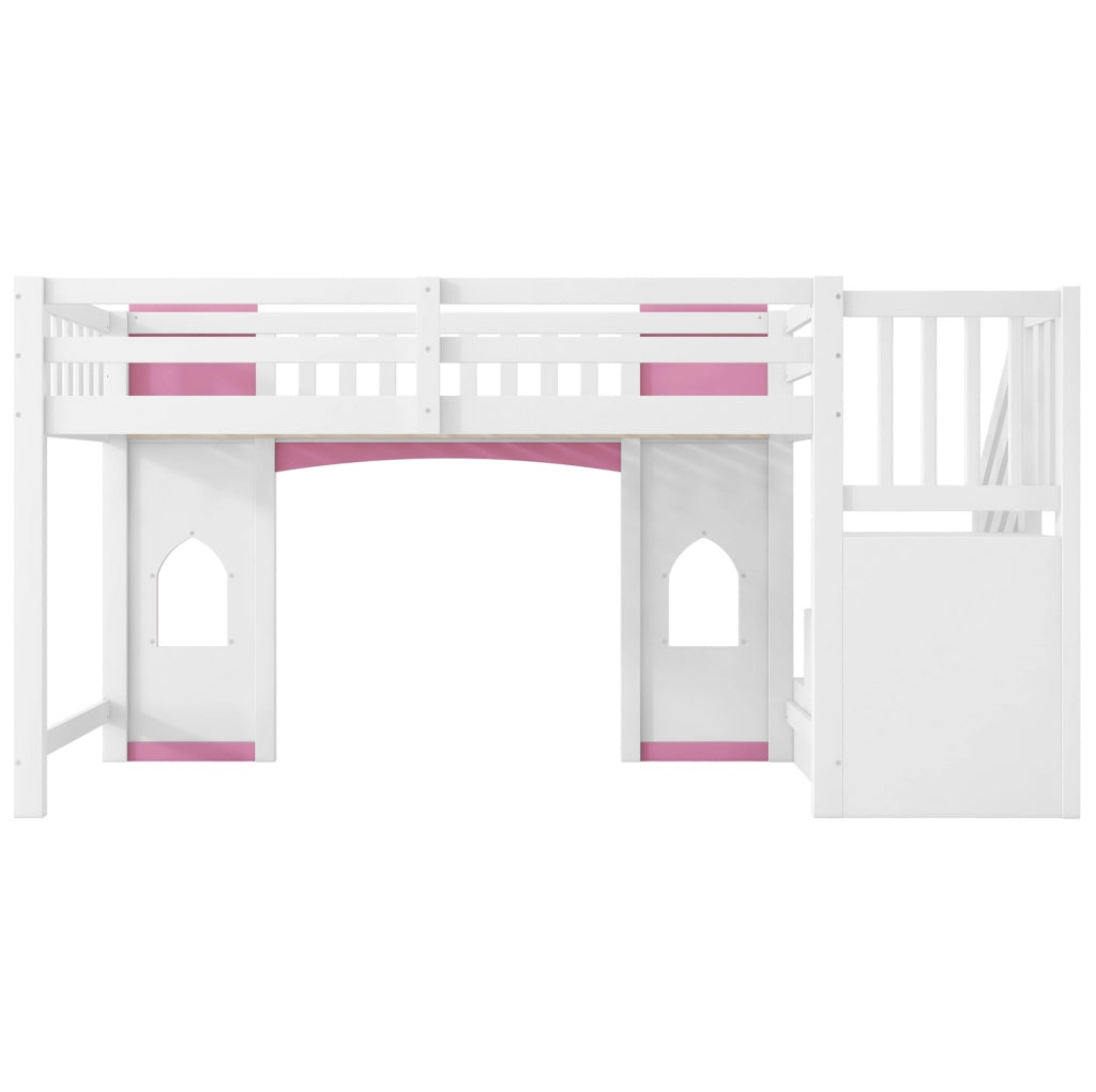Letto a soppalco ULEVR 90x200 cm con scala contenitore a 3 vani e 2 finestre, bianco e rosa