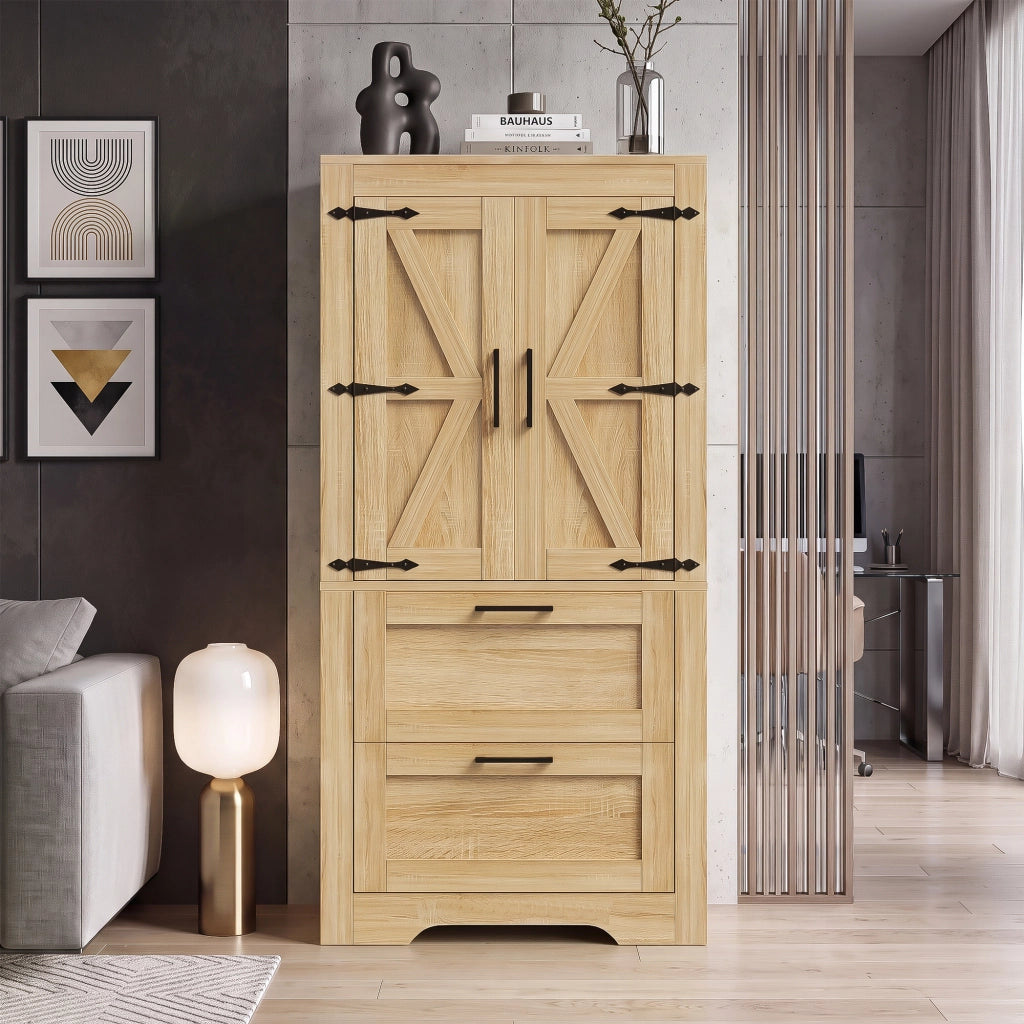 Credenza alta in stile rustico con 2 cassetti, ripiani regolabili e struttura in MDF, colore naturale