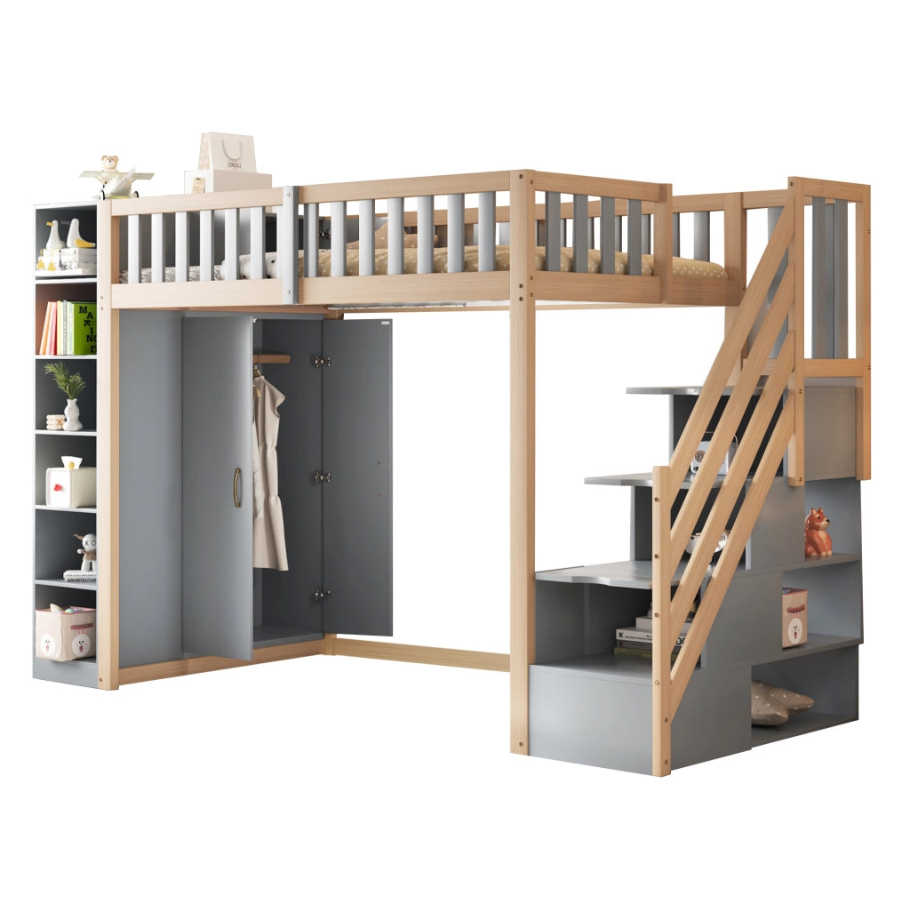 Letto a soppalco 90x200 cm in legno con armadio; scaffali e scala con vani; grigio e legno naturale