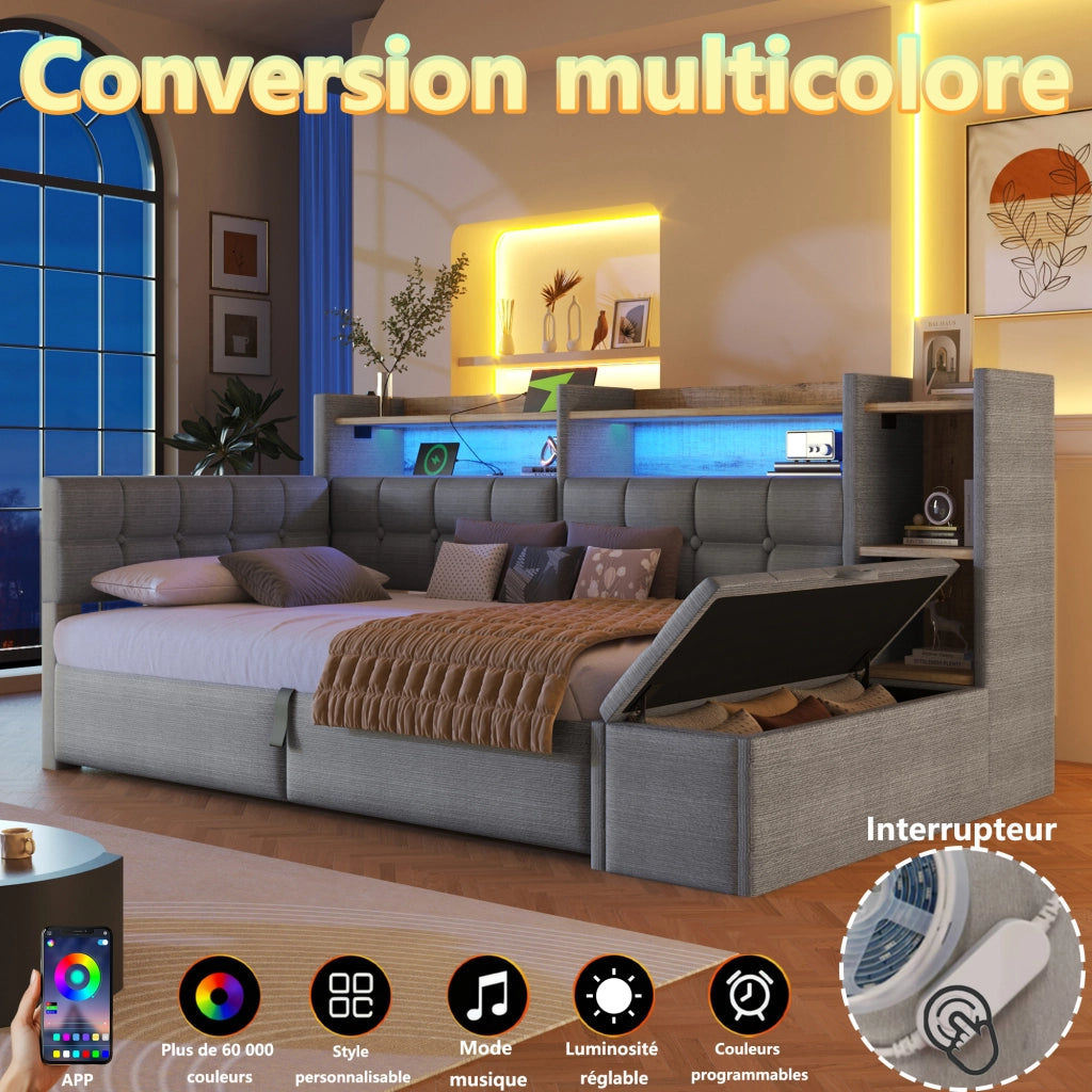 Daybed in velluto 90x200 cm con accumulo idraulico LED e USB-C - Grigio scuro