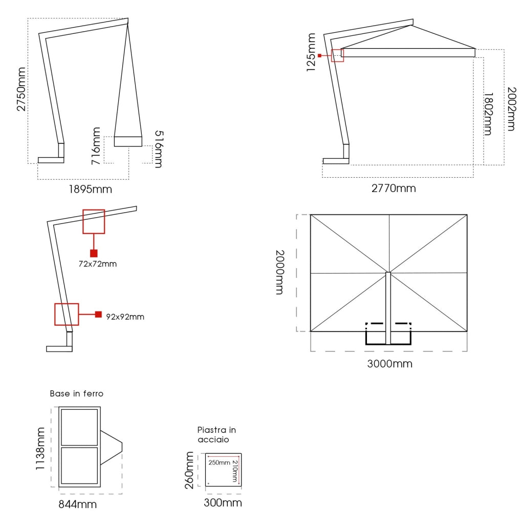 Ombrellone da Giardino Decentrato 2x3m in Legno Telo in Acrilico Ecrù