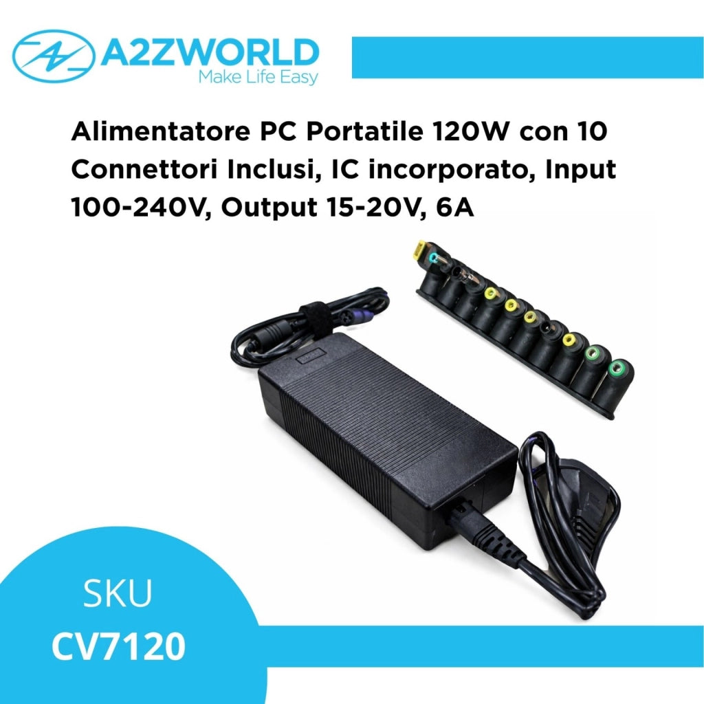 Alimentatore Universale Laptop 120W, Output 15–20V 6A, 10 Connettori