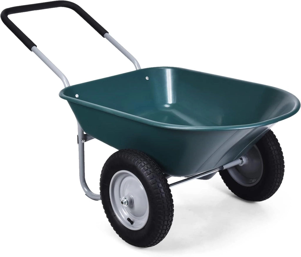 Carriola con 2 Ruote da Giardino, Carrello Resistente con Struttura in Acciaio Robusto, Ruote Pneumatiche 35,5 cm, Capacità 75L, Portata Max 100 kg (Verde)