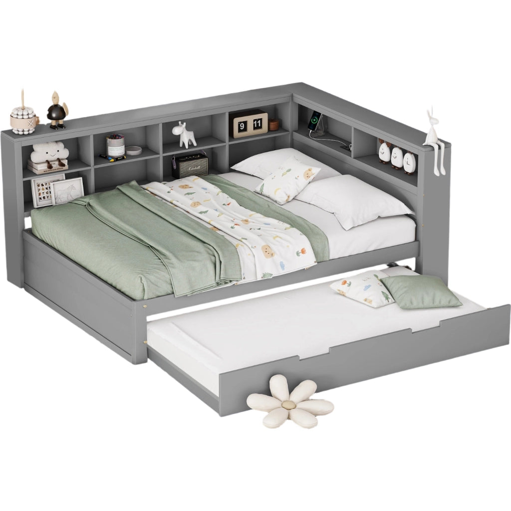 Letto 140x200 cm con USB e vani portaoggetti in legno grigio