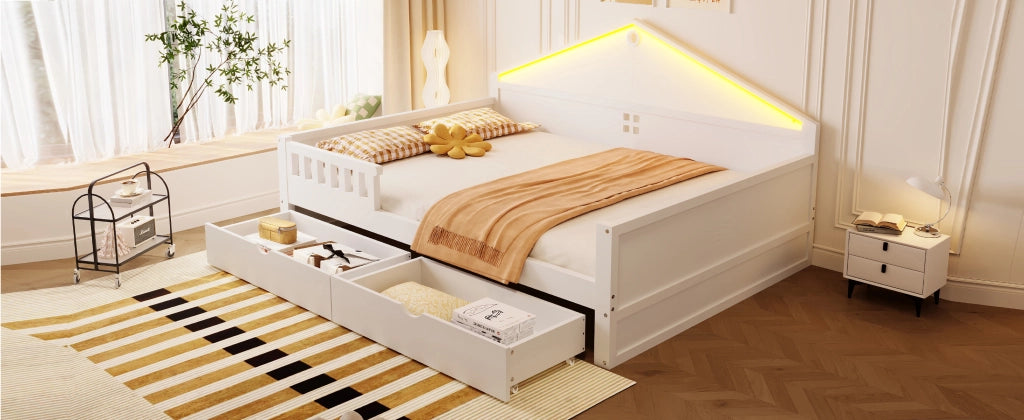 DESMIU Letto divano 2 posti con 2 cassetti e LED regolabile 140 × 200 cm, senza materasso, in legno massello e MDF, bianco
