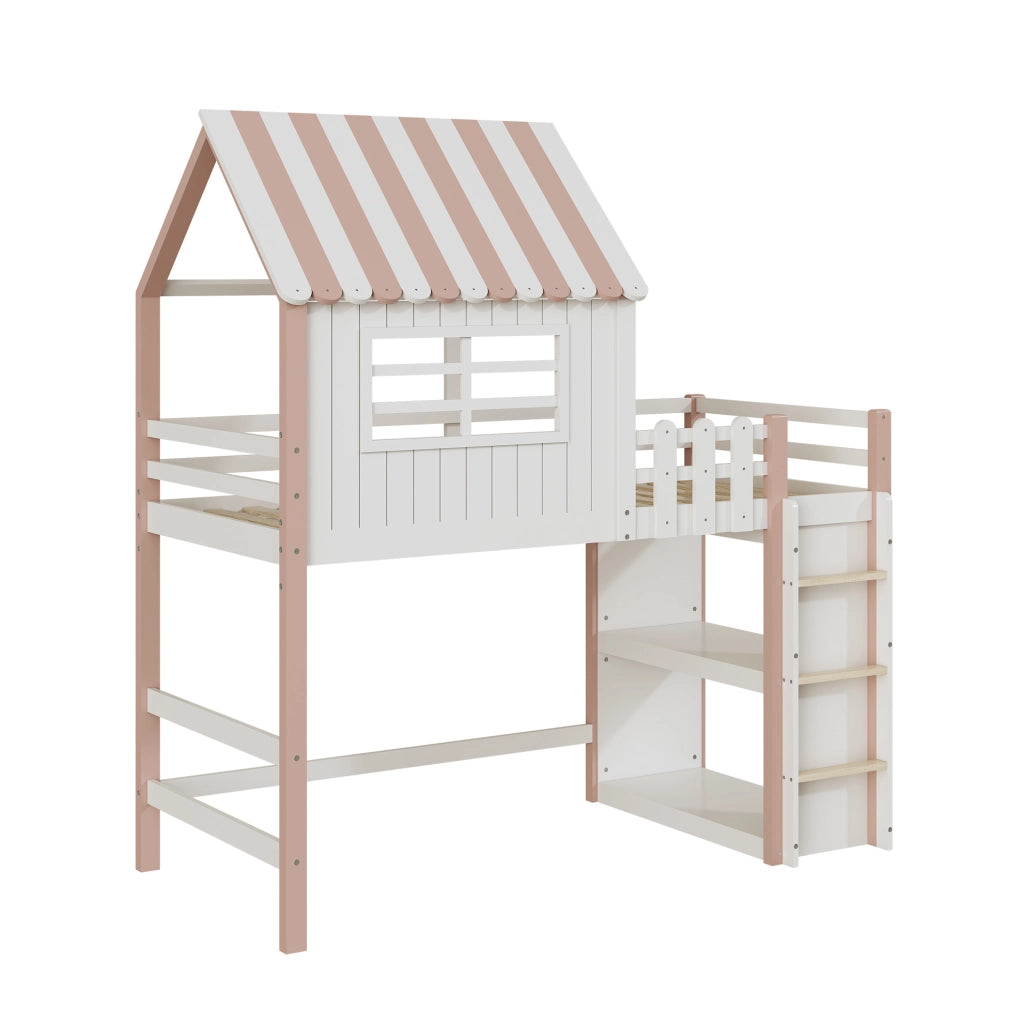 Letto per bambini a casetta 90x200 cm in legno massello; rosa; con scala di sicurezza