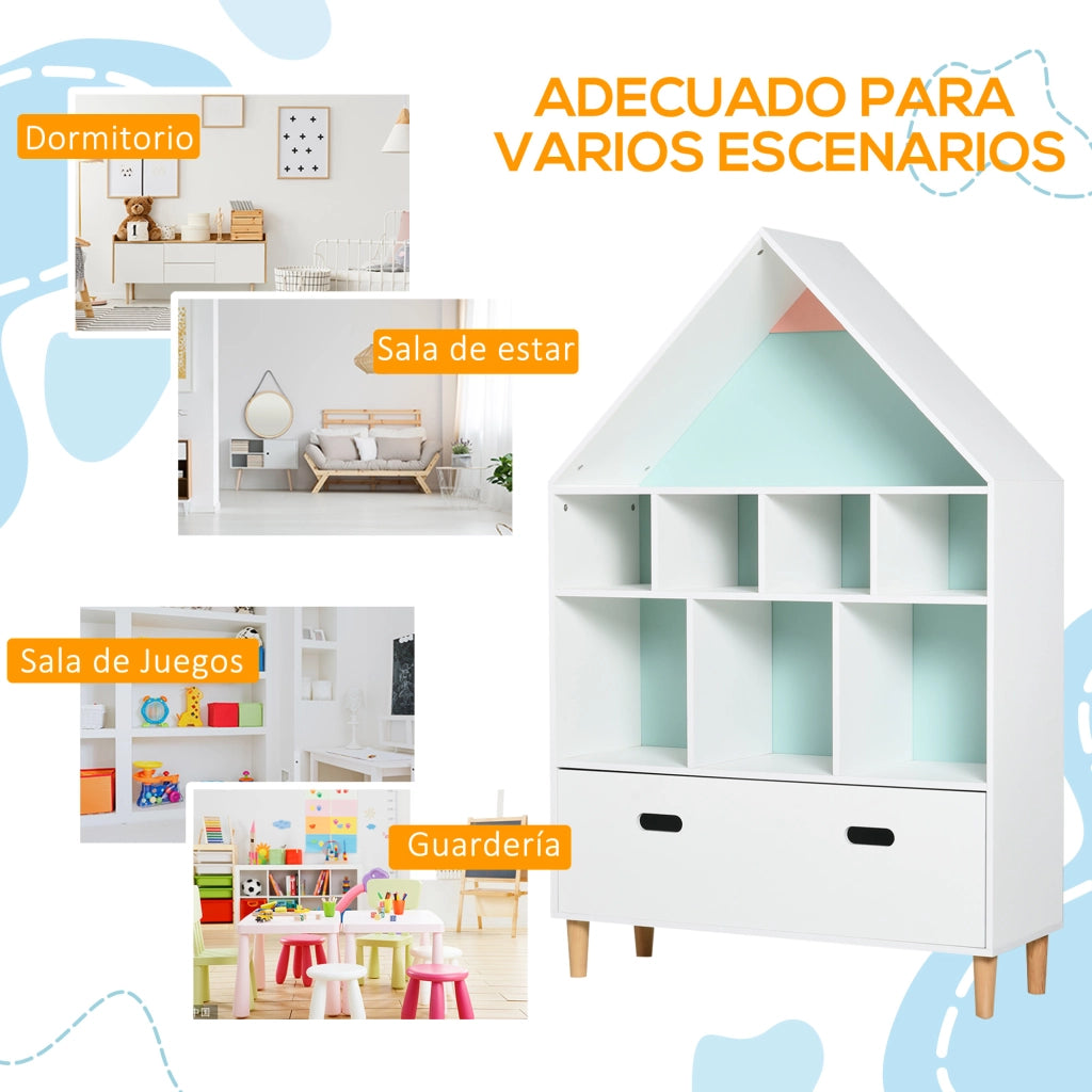 Libreria per Bambini a Forma di Casa in Legno ¨C zephmum ¨C 8 Ripiani Aperti con Cassetto, Bianco, 82x30x126 cm