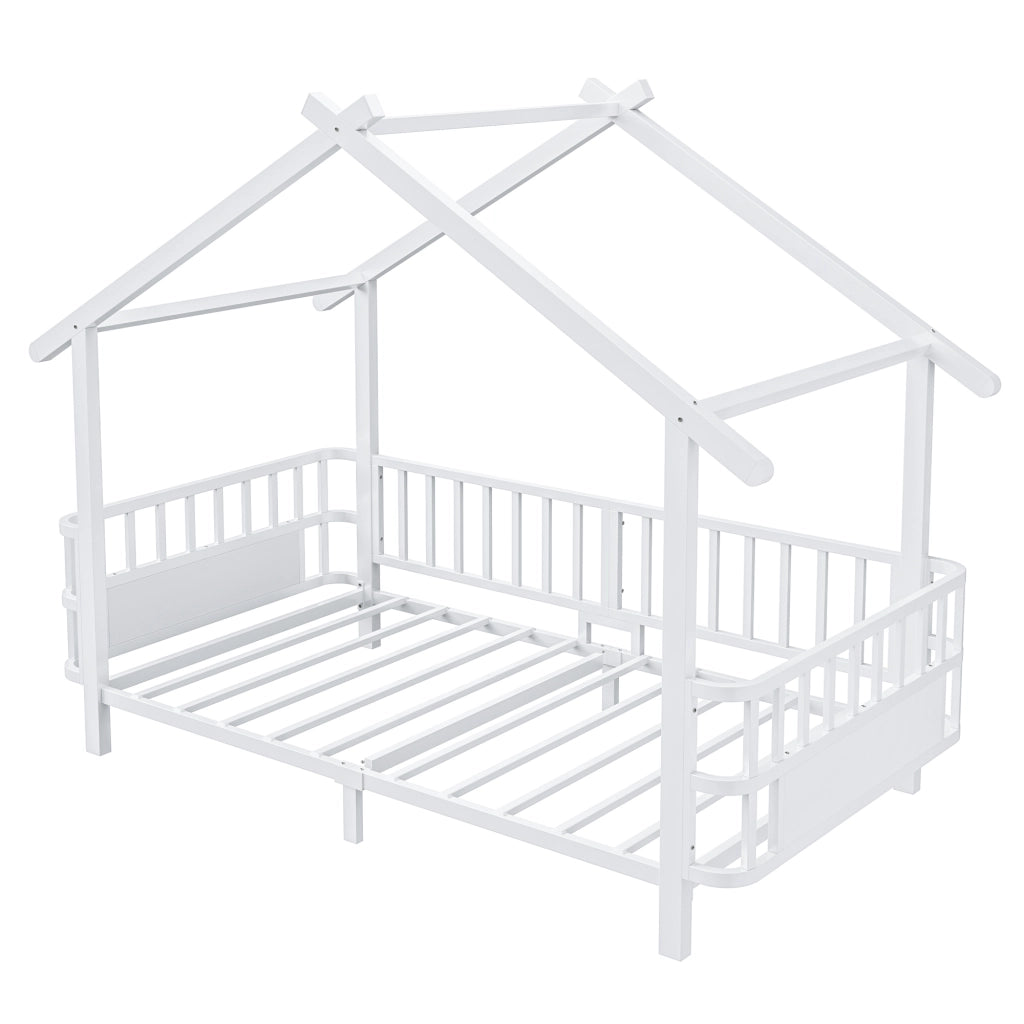 Letto per bambini in metallo a forma di casa, 90 x 200 cm, con sponde di sicurezza, design con tetto, bianco