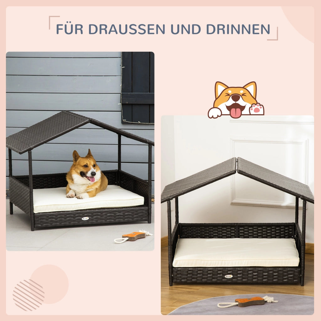 Casetta da giardino con tetto e cuscino per cani medi in rattan PE marrone con telaio in acciaio 98 × 69 × 73 cm