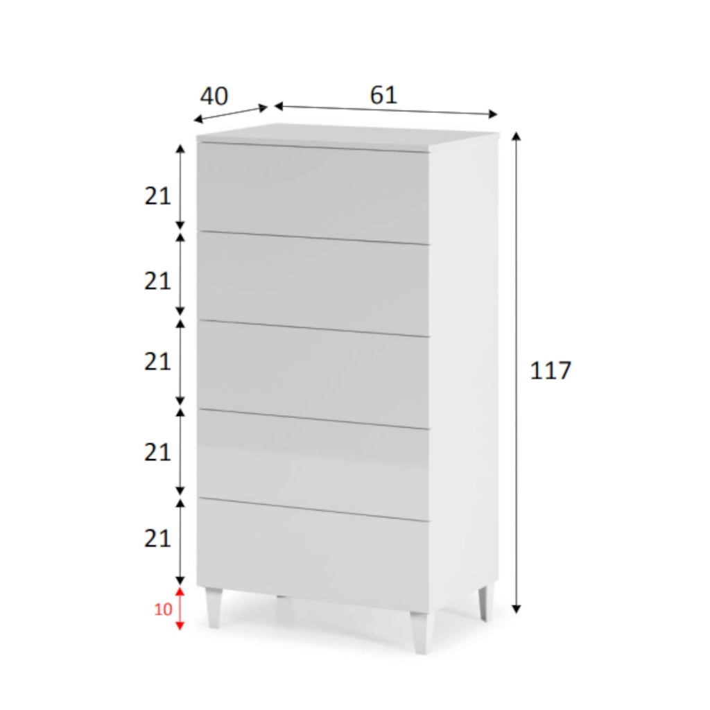 Cassettiera Aaron, Settimanale a 5 cassetti, Mobile ComÒ² per camera da letto, Settimanale moderno, cm 61x40h117, Bianco