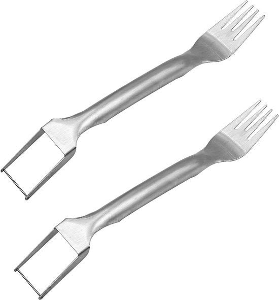 Forka a due in 1 per melone - 2 pezzi - Acciaio inossidabile - Portatile - Forchette per frutta - Per uso domestico/camping - 25,6 x 3,2 cm - Fornello per frutta