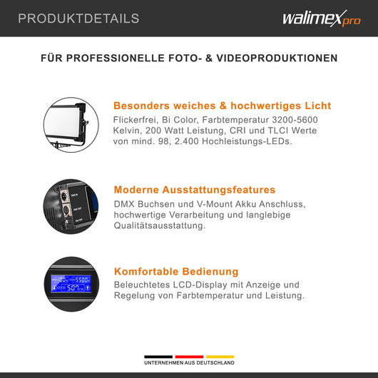 Walimex Pro Soft LED Brightlight 1400 Bi-Color Square - Luce d'area Soft LED di alta qualità con temperatura di colore 3200-5600K, potenza 100W per produzioni fotografiche e video professionali