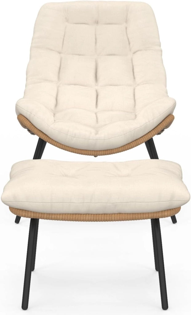 Set di 2 poltrone reclinabili LOA in Rattan con Cuscini Ecrù e poggiapiedi