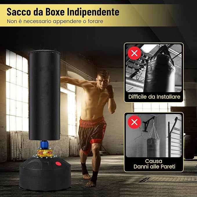 Sacco da Boxe 173 cm, Sacca da Boxe da Terra Autoportante e Pesante con Guantoni, Base a Ventosa, Costruzione a 5 Strati e Sistema Antivibrazioni per Adulti e Palestra Domestica