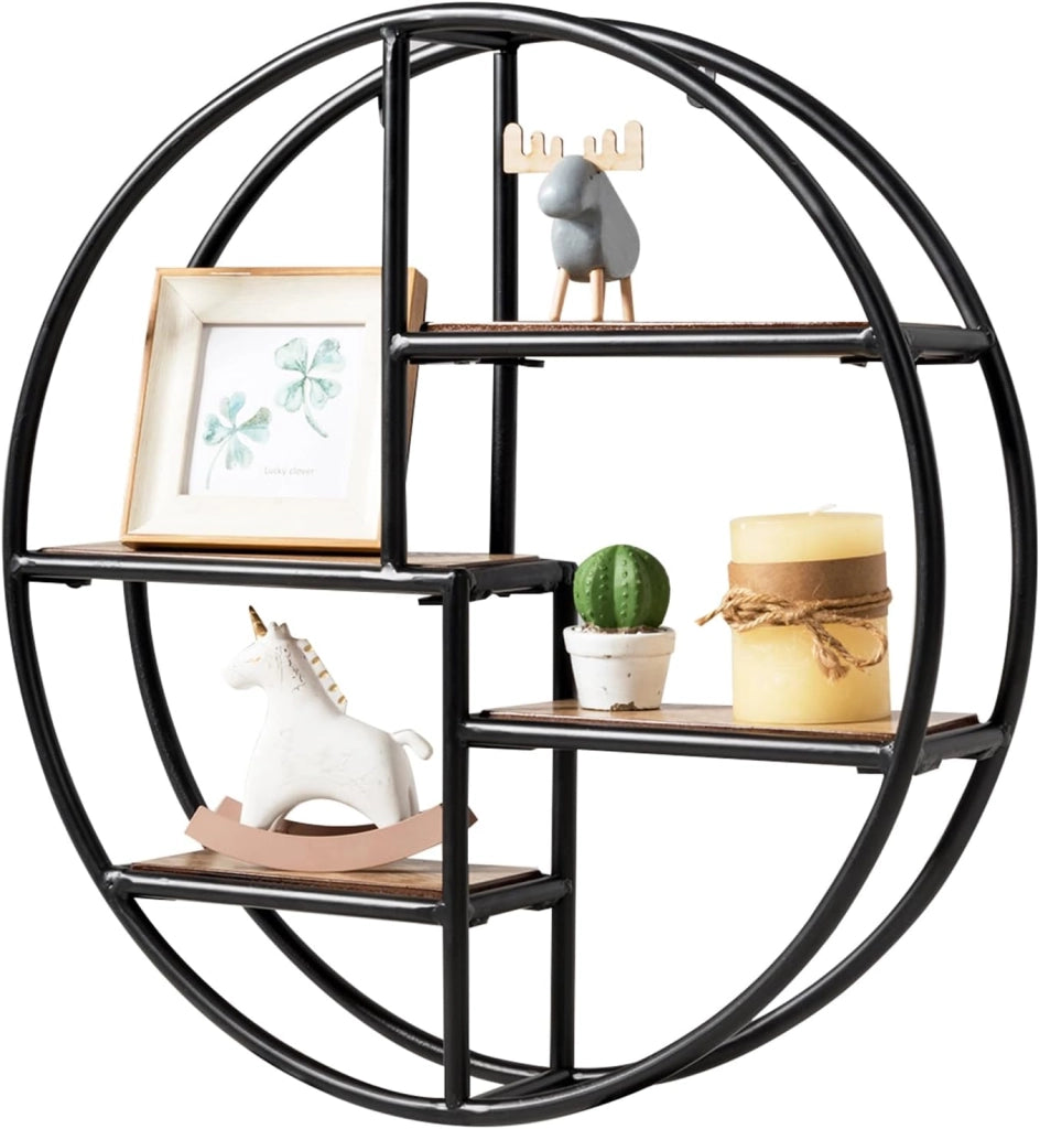 Mensola da Muro Design, Scaffale Rotondo da Parete, Libreria con 4 Ripiani Salvaspazio, per Cucina Camera da Letto Soggiorno, 55 x 55 x 11 cm