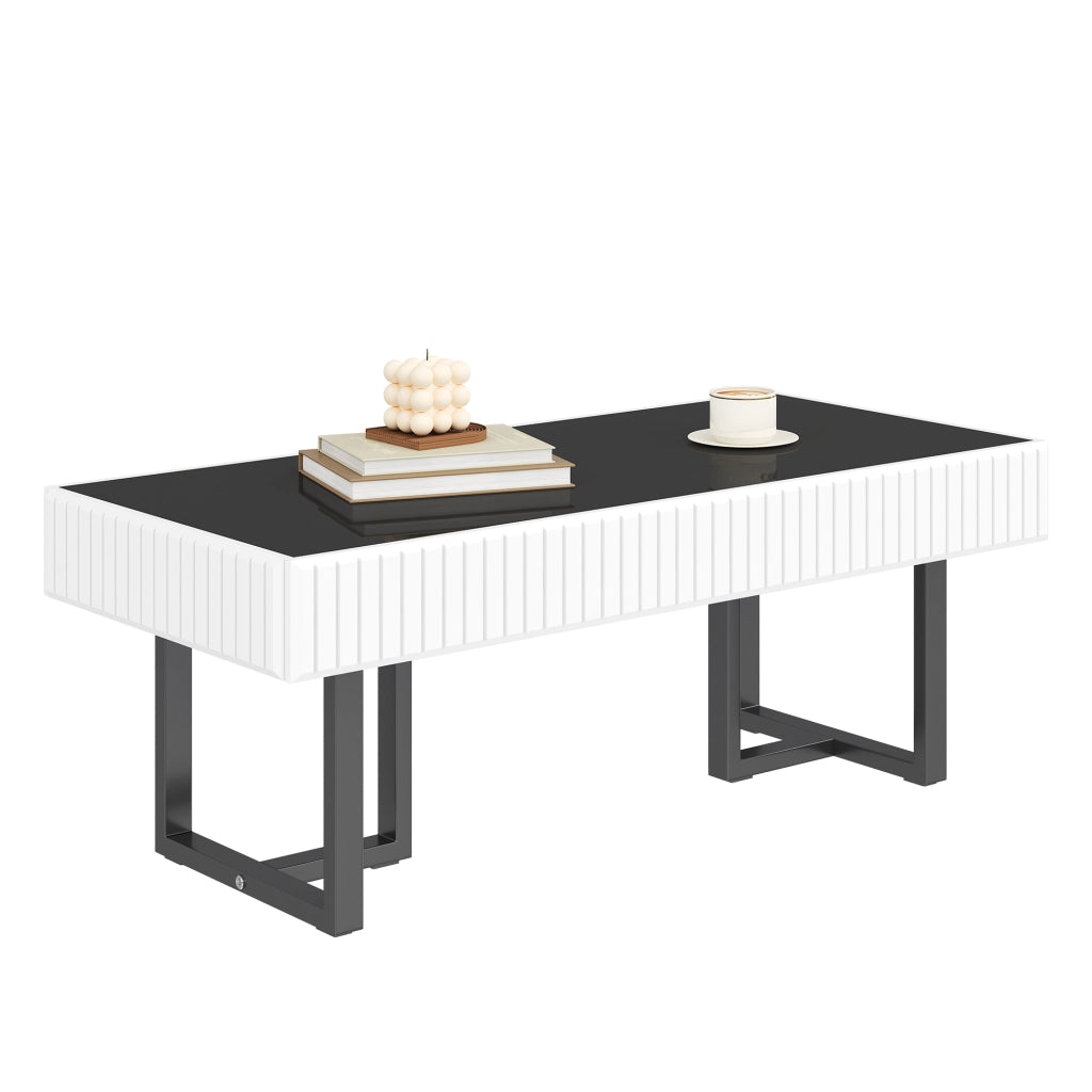 Tavolino da Caffè con Struttura in Ferro; Piano Nero Lucido Parziale; Stile Moderno; in MDF e Truciolare; Nero Bianco