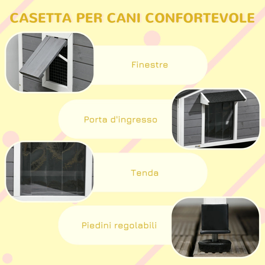 Casetta per Cani in Legno con Design Rialzato, Tenda Protettiva e 2 Finestre, 109x79x72 cm