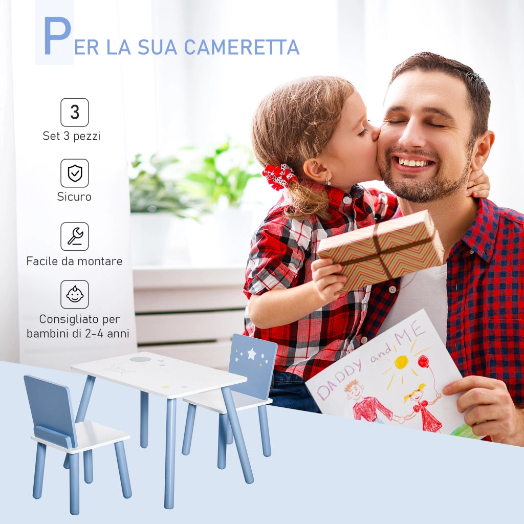 Tavolo con Sedie Bambini e Bambine 2-4 Anni in Legno Azzurro e Bianco