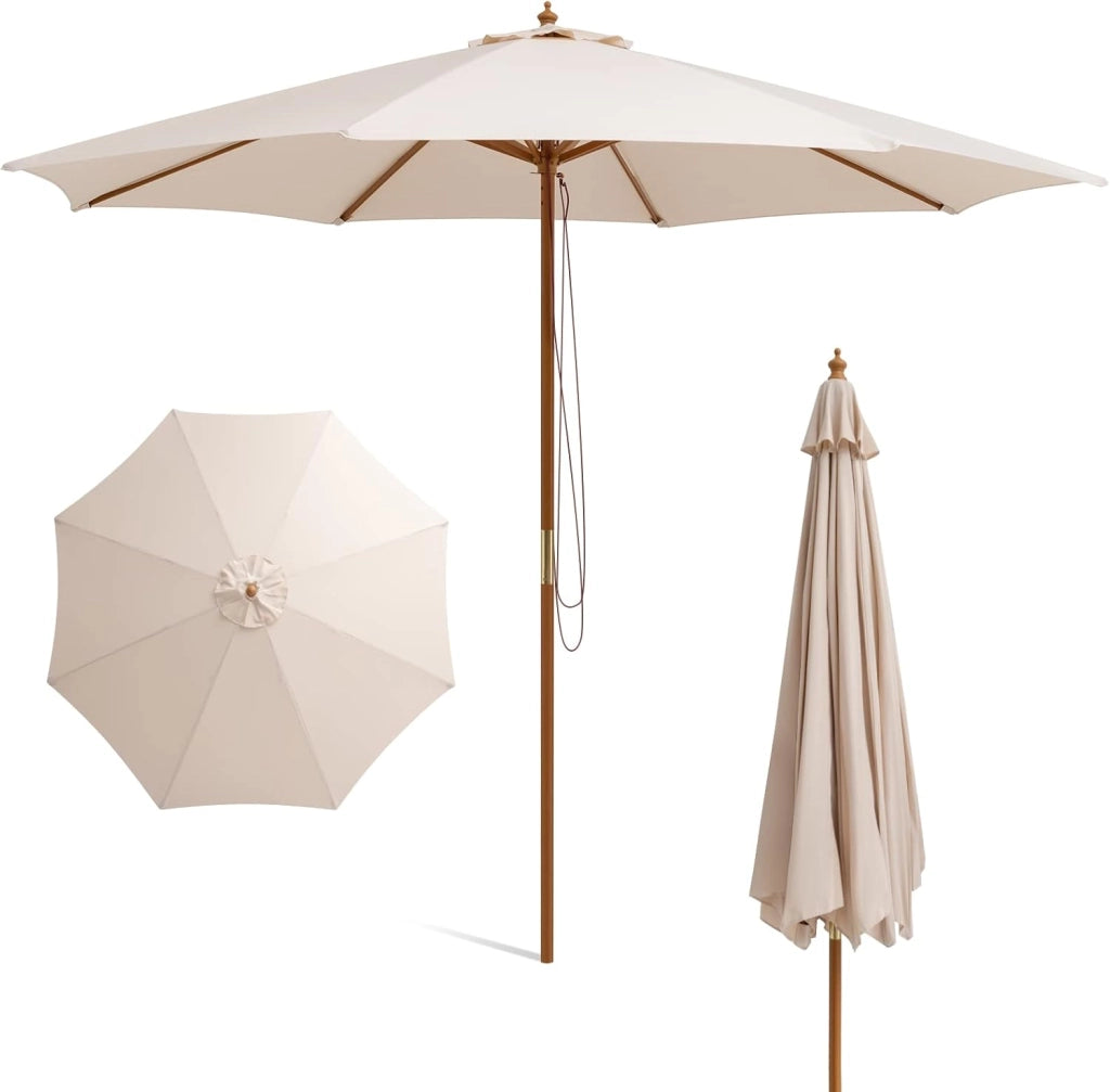 Ombrellone da Giardino 300 x 300 cm, Ombrellone Pieghevole con 8 Stecche di Bambù, 3 Altezze Regolabili, Ombrellone da Parasole Impermeabile, per Giardino Cortile Piscina (Beige)