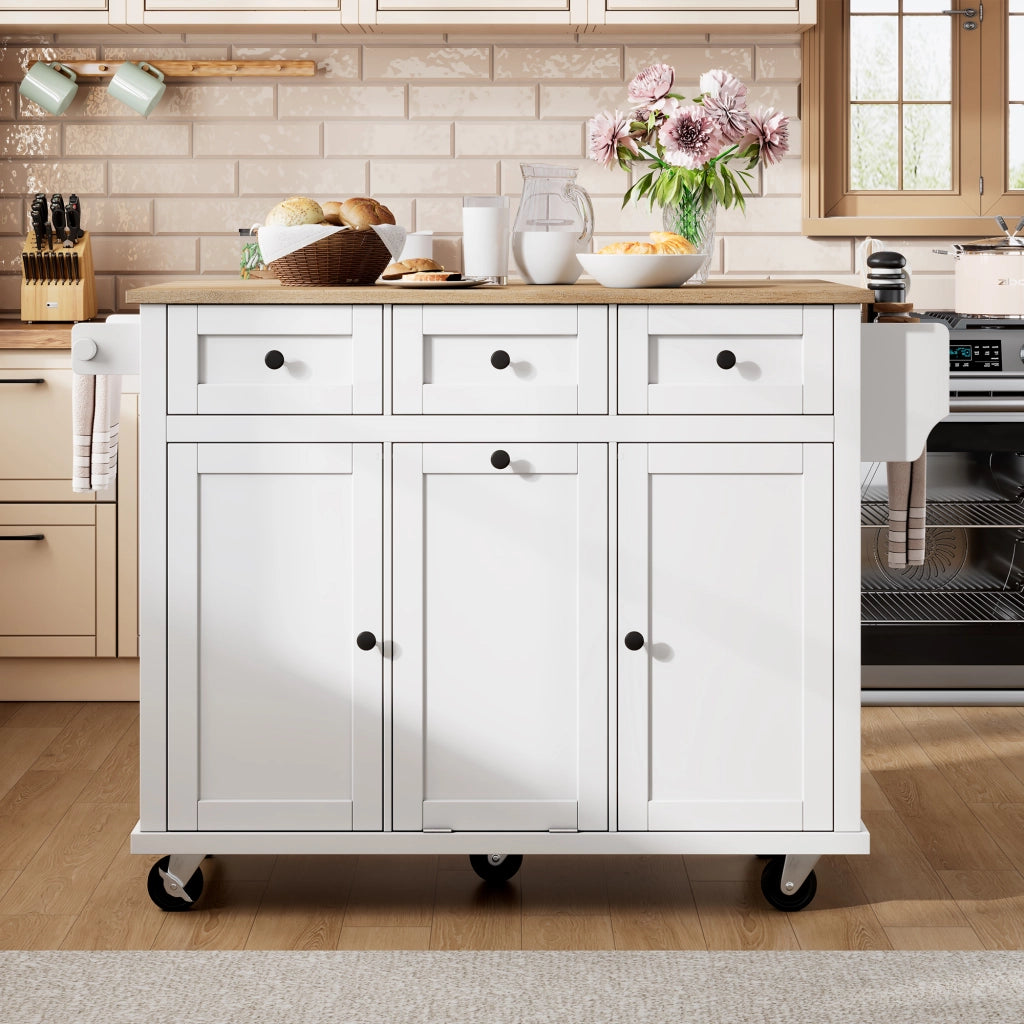 Isola da Cucina con Cassetti; Piano Estensibile; Vano per Rifiuti e Portasciugamani; Bianco e Naturale