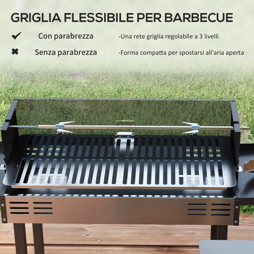 Barbecue a Carbone 3 Livelli con Girarrosto ¨C Xylo ¨C Acciaio Inox Nero 118x32x90 cm