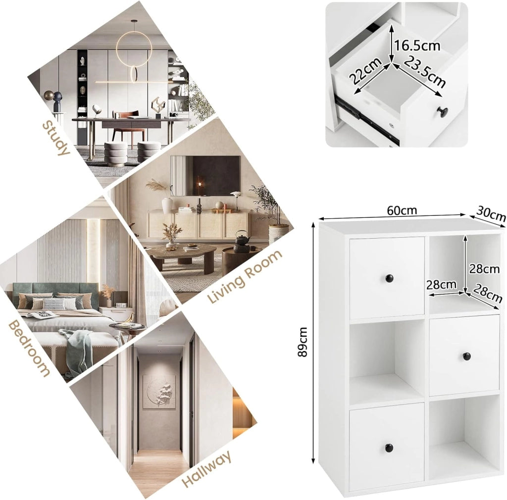 Libreria con Cassetti, Scaffale a 4 Livelli con Dispositivo Anti-Bascolare, Armadio a 6 Cube, Espositore Moderno per Soggiorno/Camera/Ufficio, 2 Colori