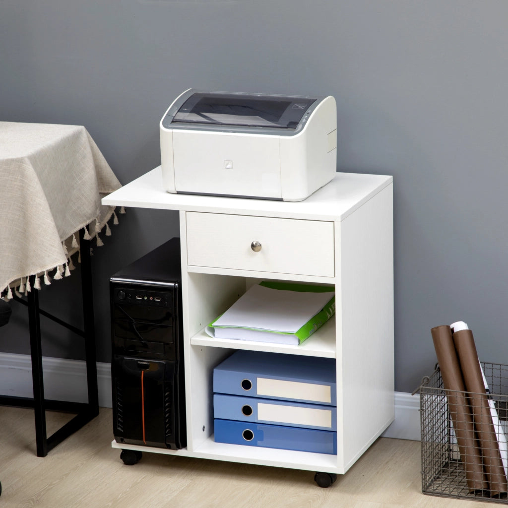 Mobiletto per Stampante con Ruote e Ripiano Regolabile ¨C zephmum ¨C Bianco Legno 60x40x80