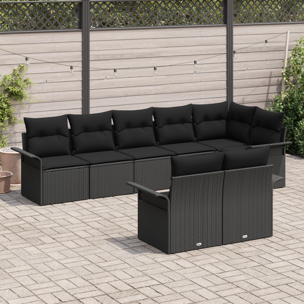 Set divani da giardino 8 pezzi con cuscini Nero Polyrattan