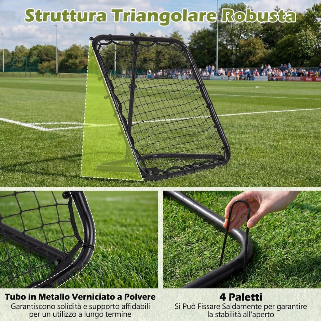 Rete Rimbalzo Calcio, Rete Calcio Rimbalzante Pieghevole da Giardino con 4 Altezze Regolabili, Telaio in Metallo e Picchetti, Porta da Calcio per Bambini, 83,5 x 52 x 77-85 cm