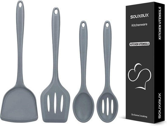 Set di 4 utensili da cucina in silicone, spatola wok, spatola a buco, cucchiaio di cottura, cucchiaio a buco, rivestimento antiaderente, BPA libero, molto resistente al calore, utensile da cucina per friggere, mescolare, servire, asciugare e mescolare