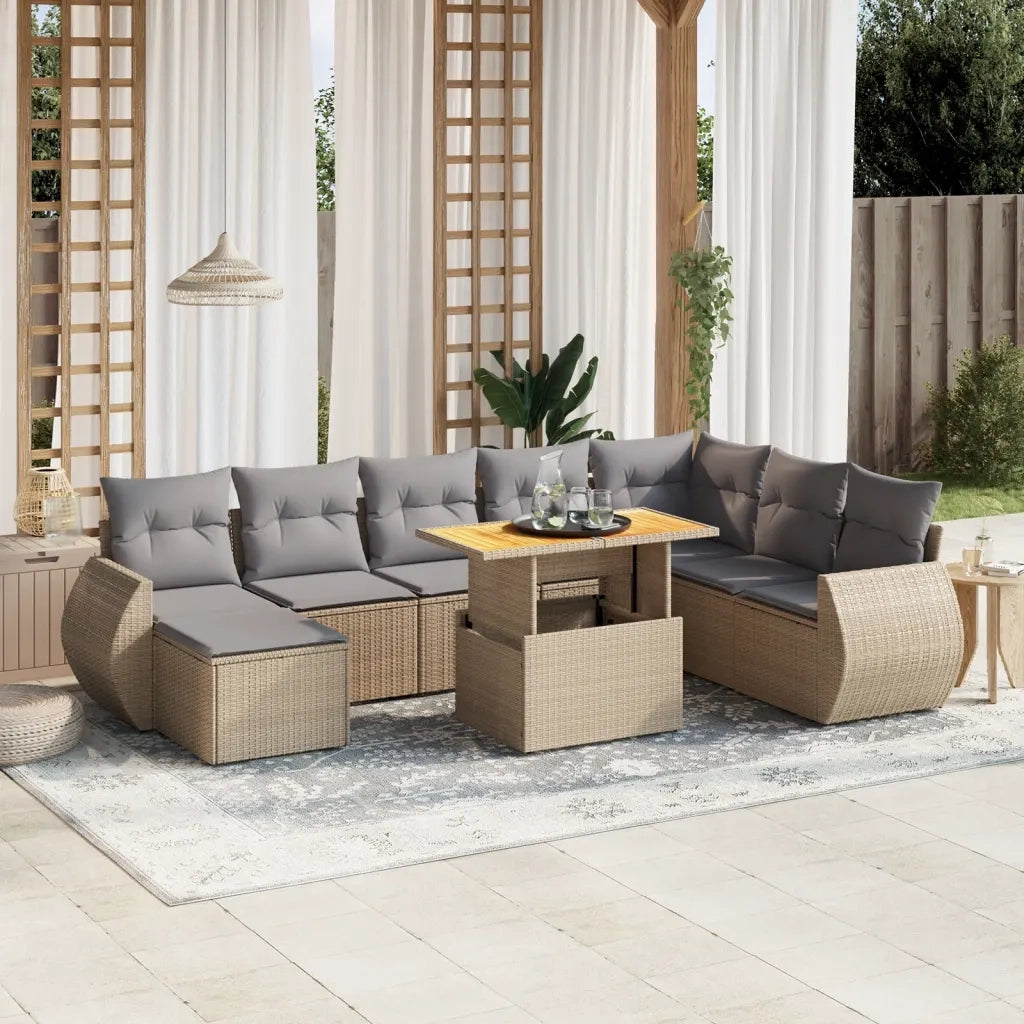 Set Divano da Giardino 9 pz con Cuscini Beige in Polyrattan
