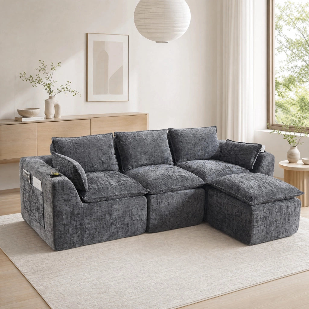 Divano modulare 3 posti con pouf; tasche laterali e cuscini; in chenille grigio scuro 256x161x75 cm