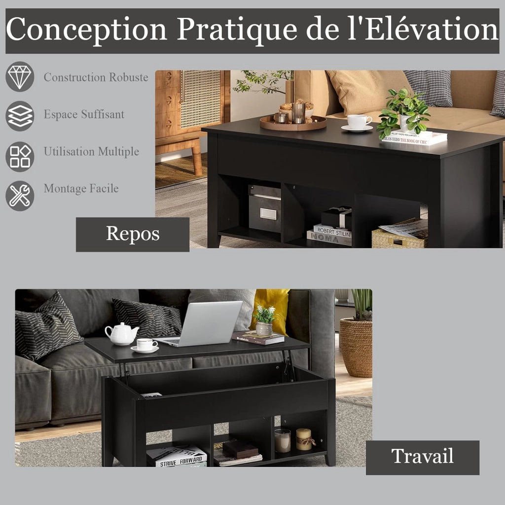 Tavolo da caffè con spazio nascosto e sollevabile, tavolo da pranzo e salone, con 3 spazi divisi, 104 x 49 x 48/62,5 cm per soggiorno e sala da pranzo (nero)