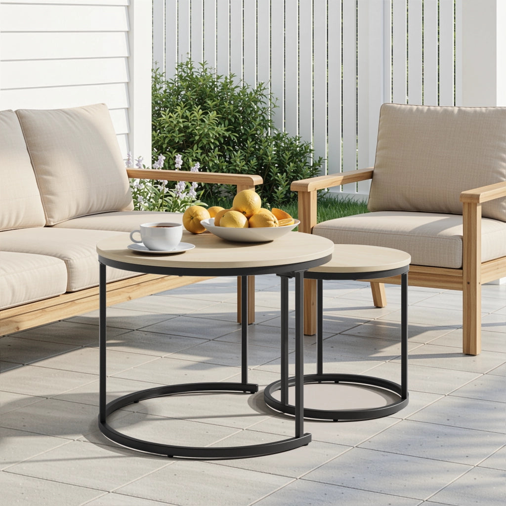 TAVOLINI DA SALOTTO Set da 2 pezzi rotondi 60/40 cm effetto rovere metallo nero