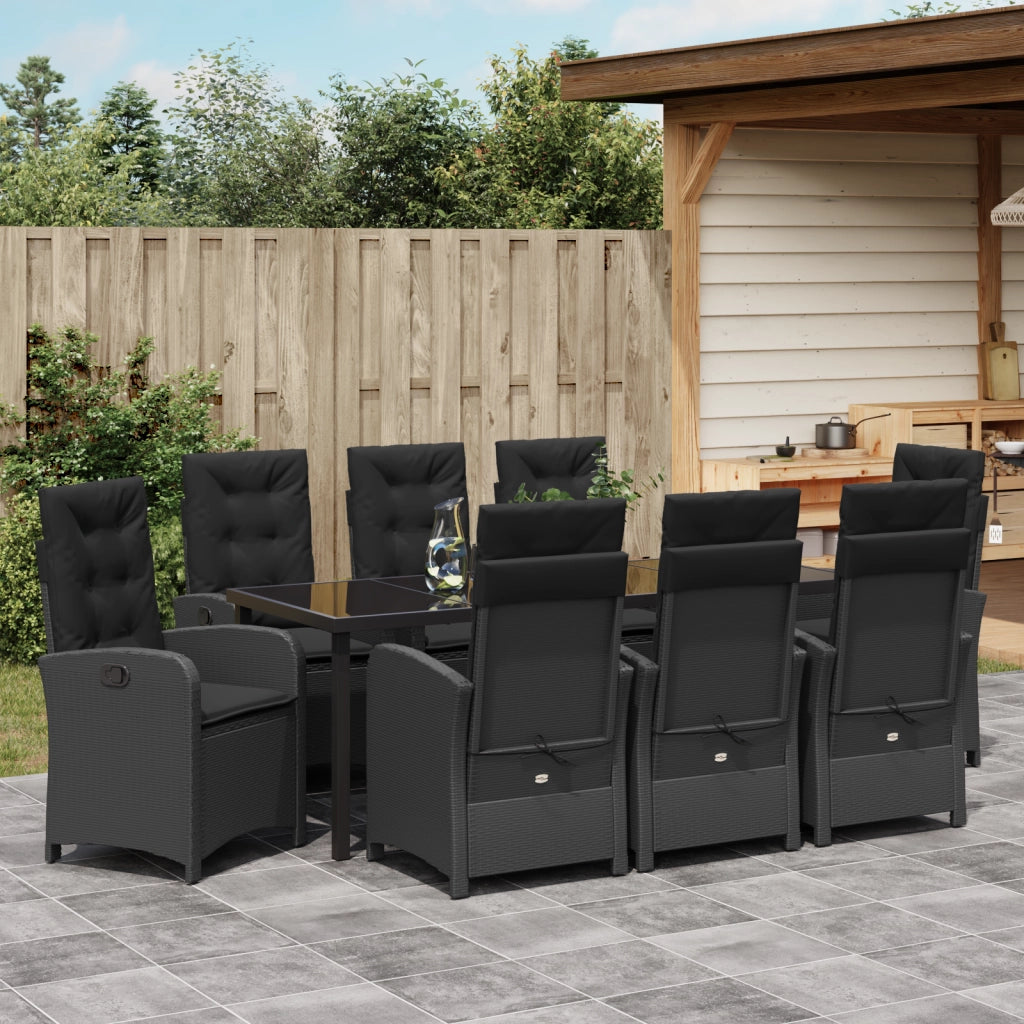 Set da Pranzo da Giardino 9 Pezzi con Cuscini Nero in Rattan Poliestere