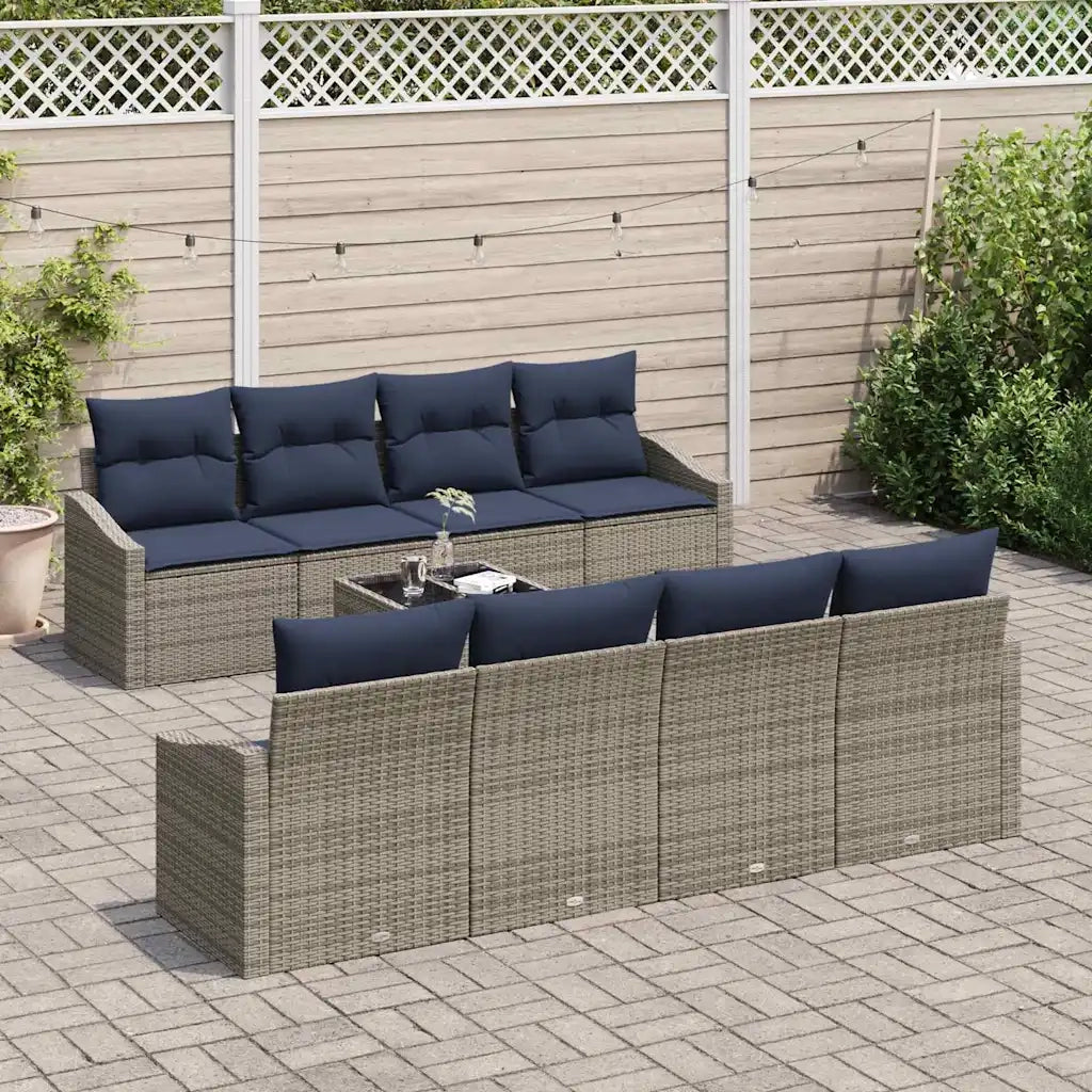 Set di divani con cuscino 9 pcs Grigio e Blu Navy polyrattan