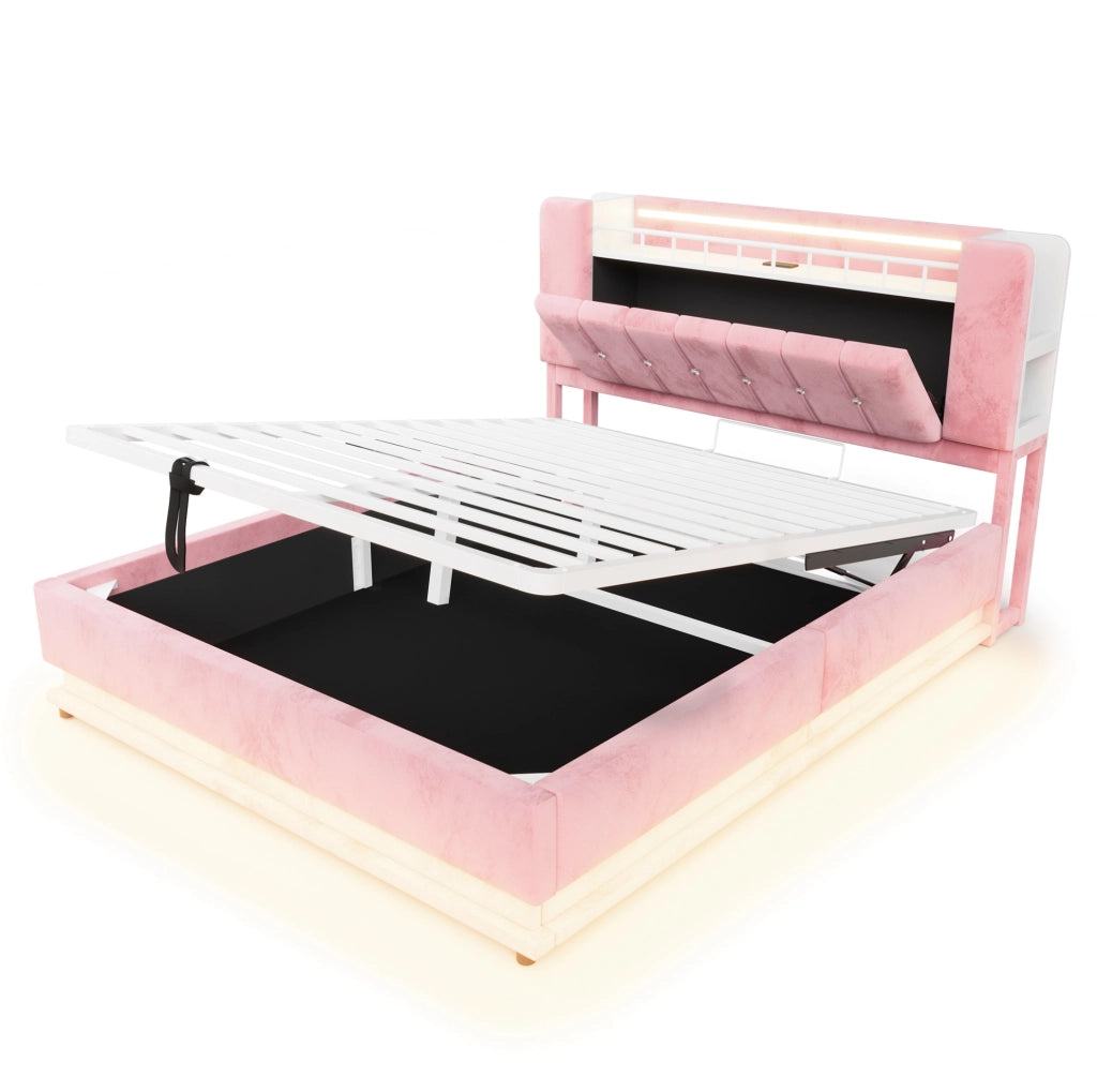 Letto imbottito 160x200 cm con LED; USB; contenitore idraulico e rivestimento in velluto rosa