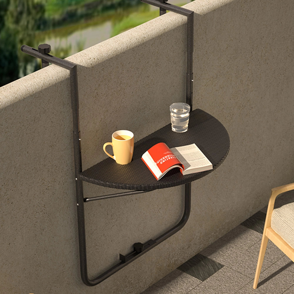Tavolino Balcone Pieghevole Metallo e Polyrattan 2 Porta Bicchieri Regolabile Nero