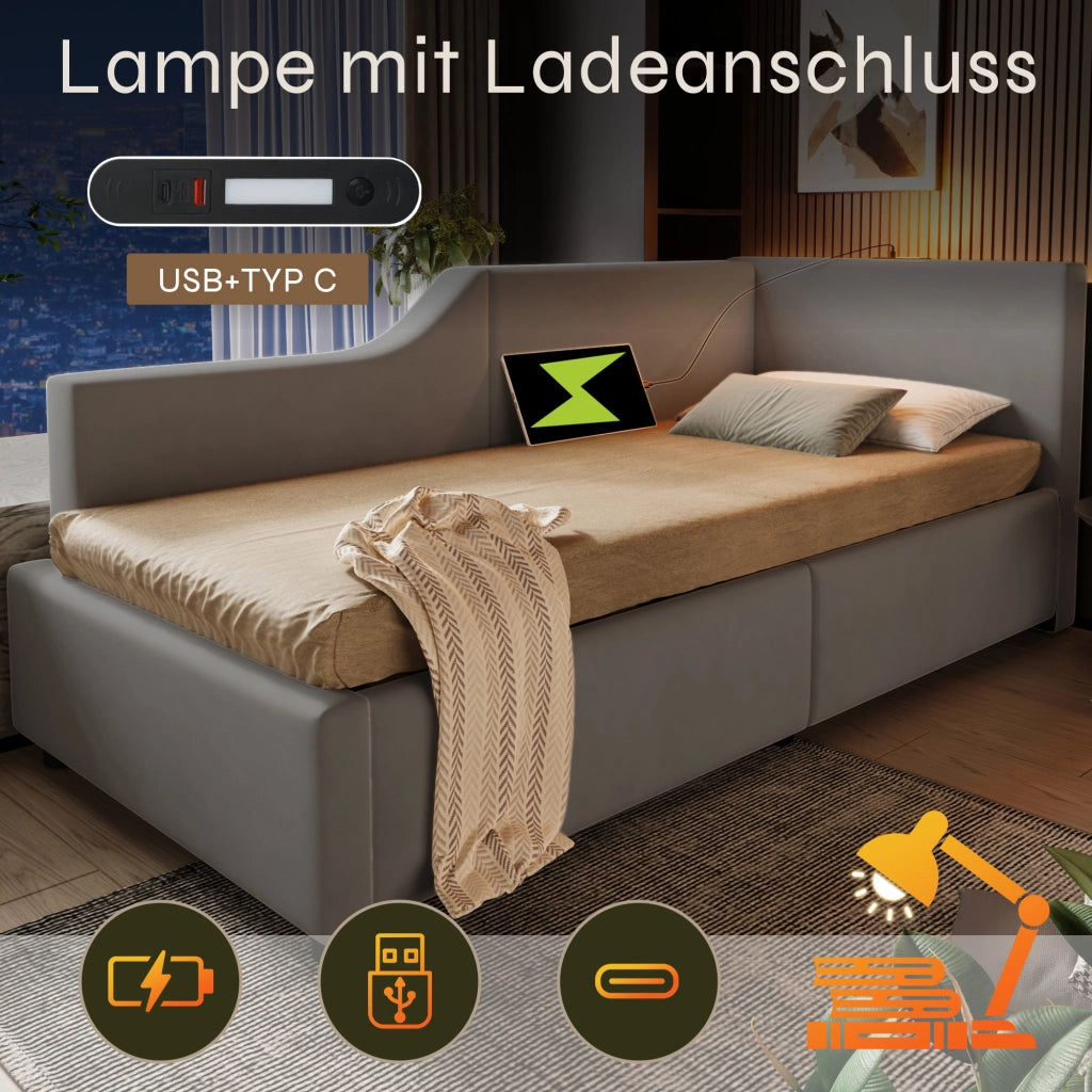 LETTO Contenitore 90x200 cm in velluto grigio con lampada da lettura e USB-C