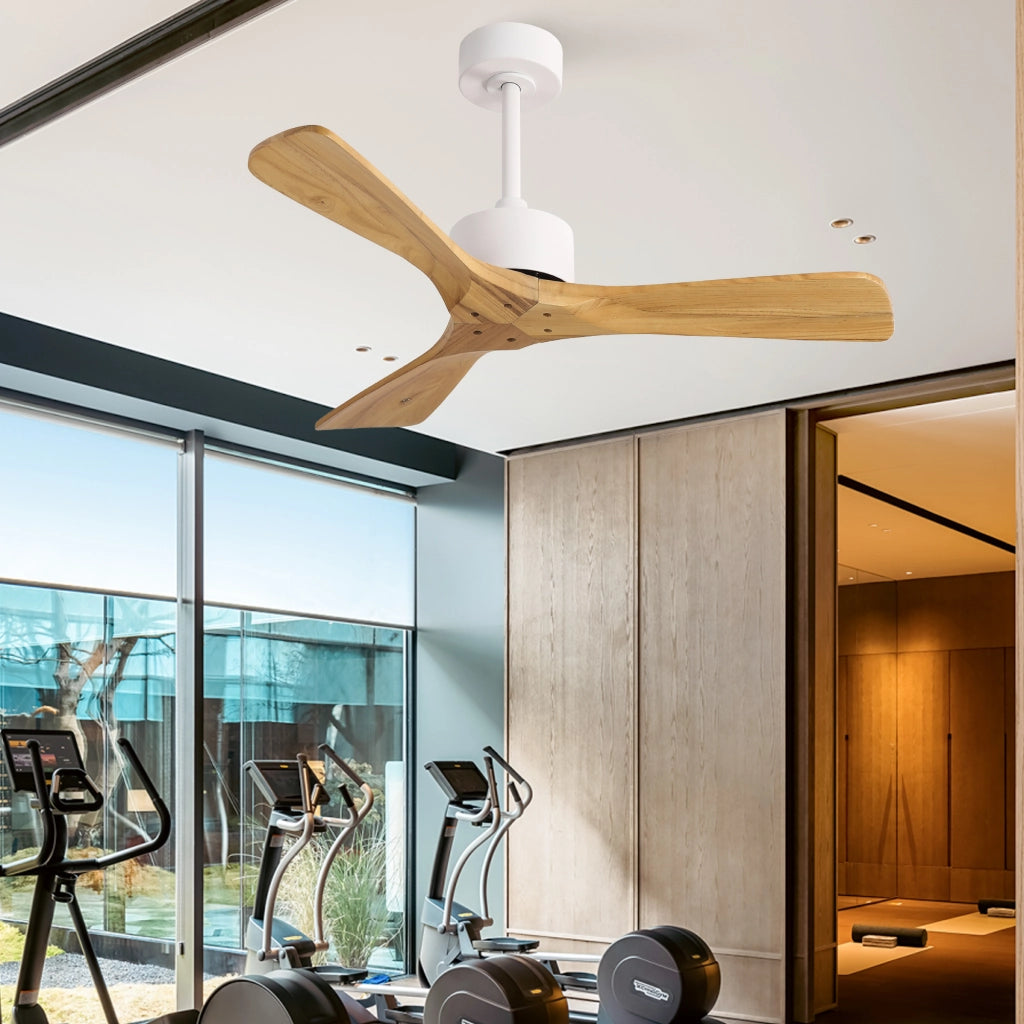 Ventilatore da soffitto moderno 42 pollici senza luce, 3 pale ad elica in legno massello naturale, motore DC reversibile silenzioso, design