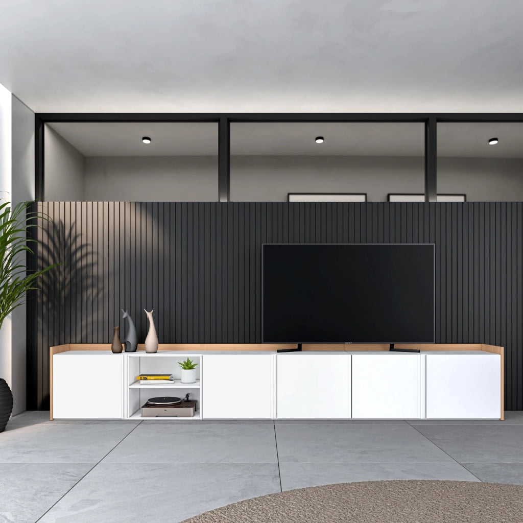 Mobile TV Soggiorno, 309x50x35 cm, Per TV fino a 80", Mobile Soggiorno, Bianco e Rovere soft